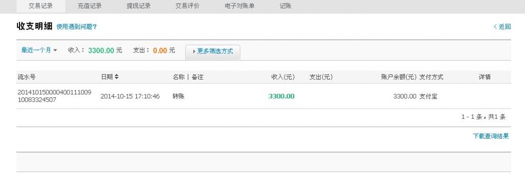 10月15日廣州江森公司匯款3300元至支付寶賬戶(hù)