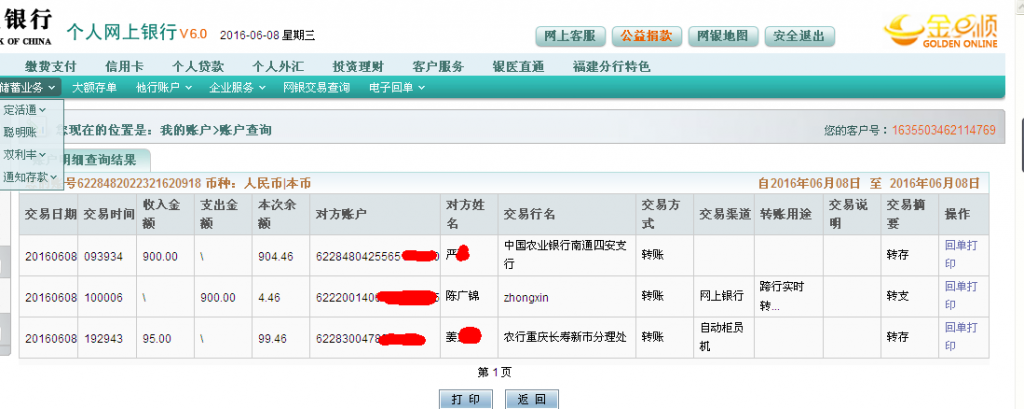 6月8日貴陽客戶匯款95元至農行帳戶