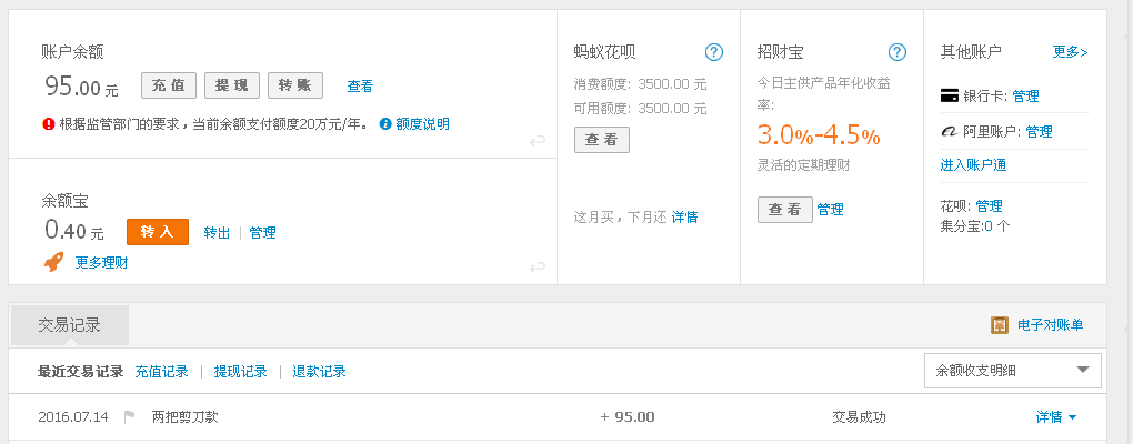 7月14日北京客戶轉帳95元至支付寶帳戶